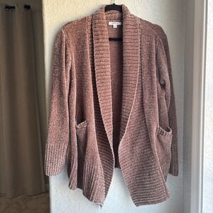 Orvis Womens L Cardigan Sweater Soft Brown Chenille Shawl Collar Ribbed Pockets